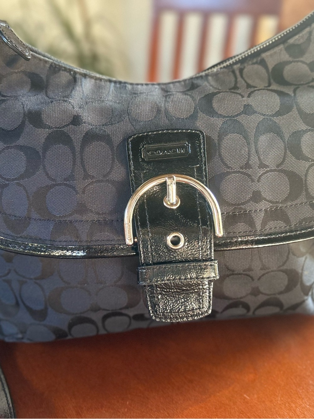 Coach Black Signature Canvas Hobo with Patent Trim and Buckle
